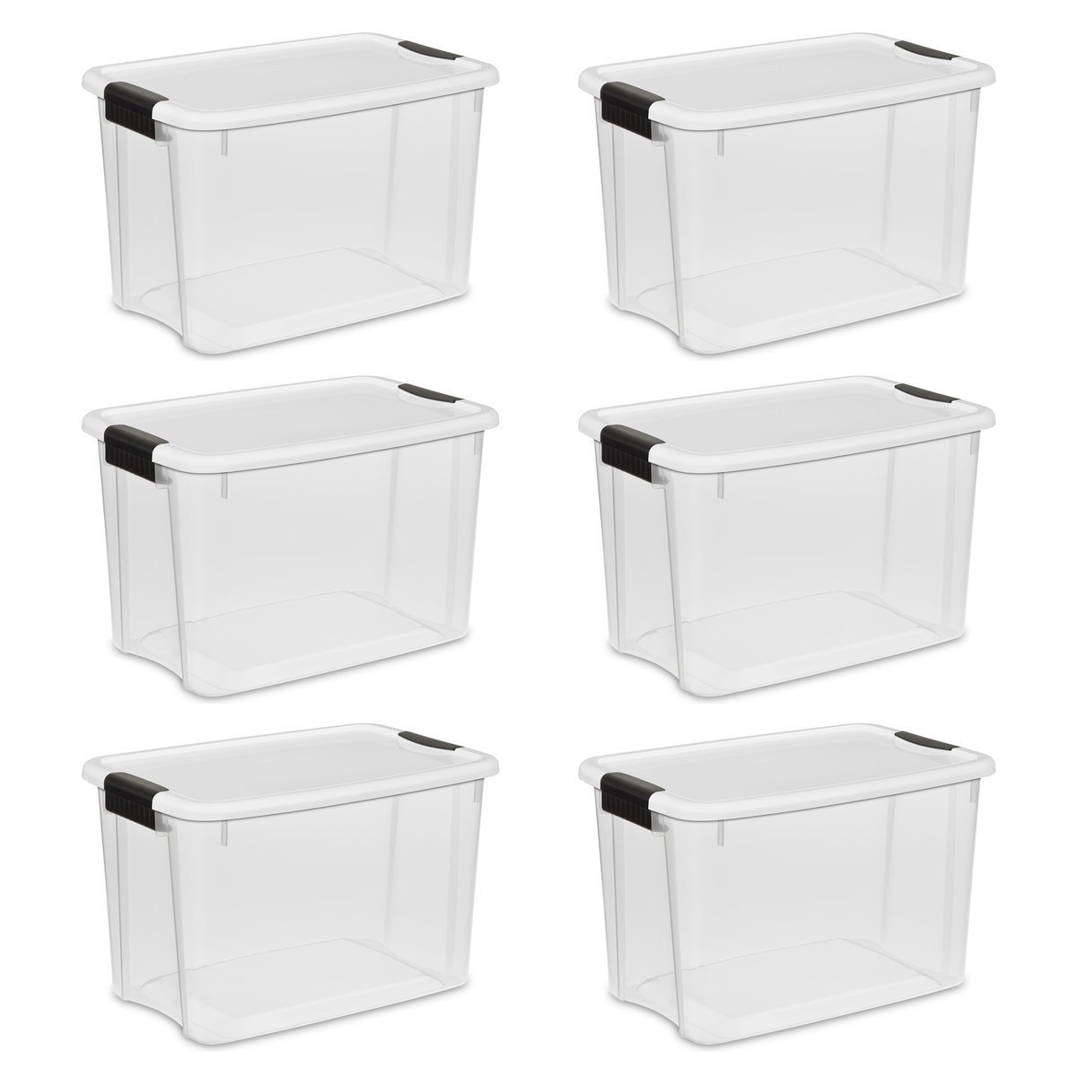 Sterilite 19859806 30 Quart/28 Liter Ultra Latch Box Clear with A White Lid and Black Latches 6-Pack