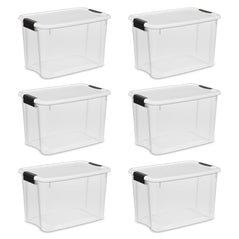 Sterilite 30 Quart/28 Liter Ultra Latch Box, Clear with a White Lid and Black Latches, 6-Pack - Wholesale Home Improvement Products