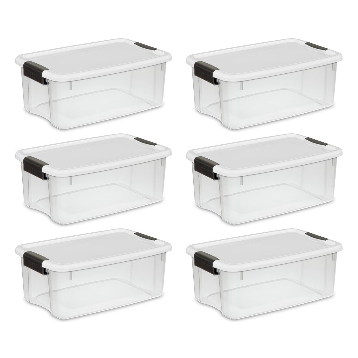 Sterilite 19859806 30 Quart/28 Liter Ultra Latch Box Clear with A White Lid and Black Latches 6-Pack