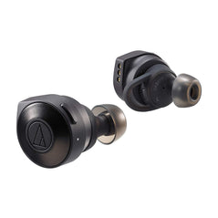 Audio-Technica ATH-CKS5TWBK solid bass wireless in-ear headphones with black earbuds and inline remote on a white background.