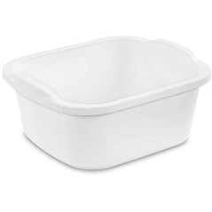 Sterilite 12-quart dish pan used as a dish rack, featuring a sturdy plastic construction and a rectangular shape.