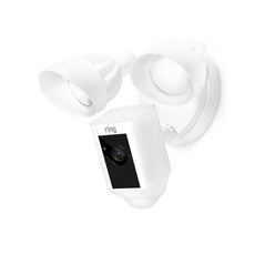 Ring motion-activated floodlight security camera mounted outdoors with LED lights and camera lens for home security.