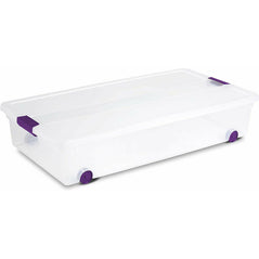 Sterilite 17611704 60 Quart/57 Liter Clearview Latch Wheeled Underbed Box, Clear Lid and Base with Sweet Plum Latches and Wheels (4-Pack) - Wholesale Home