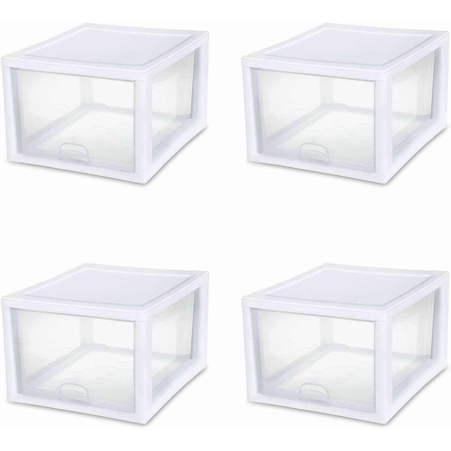 Sterilite 27 Quart Clear & White Plastic Storage Bin with One Drawer, 16 Pack