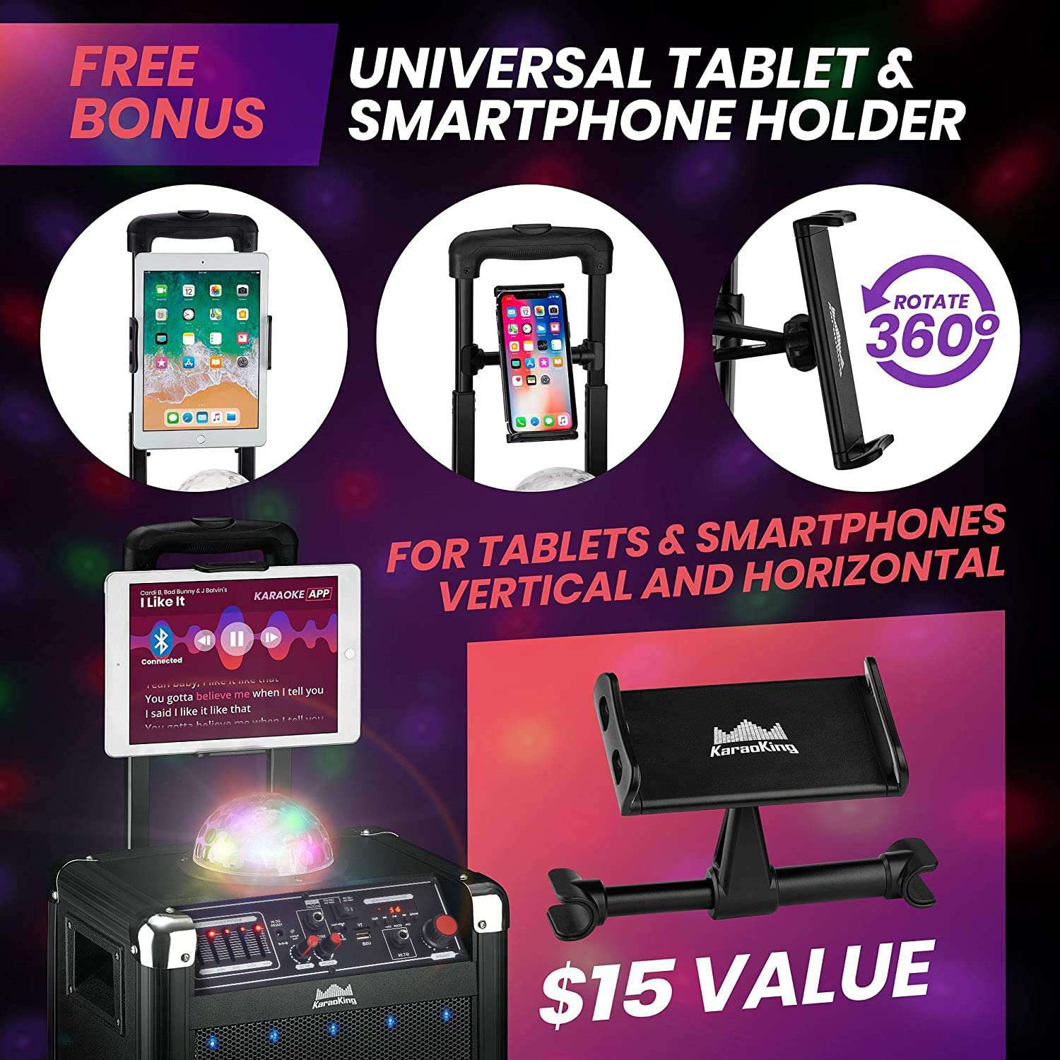 KaraoKing Karaoke Machine - Portable PA System with Wireless Mics,  Subwoofer, Lights, Phone/Tablet Holder, Remote - For Adults & Kids