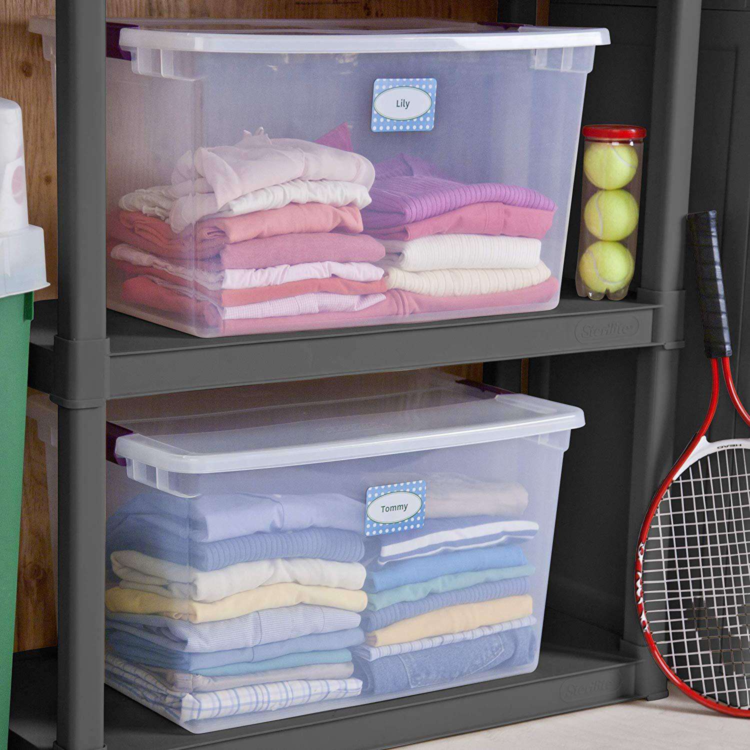 Sterilite 66 Quart/62 Liter ClearView Latch Box, Clear with Sweet Plum Latches, 6-Pack