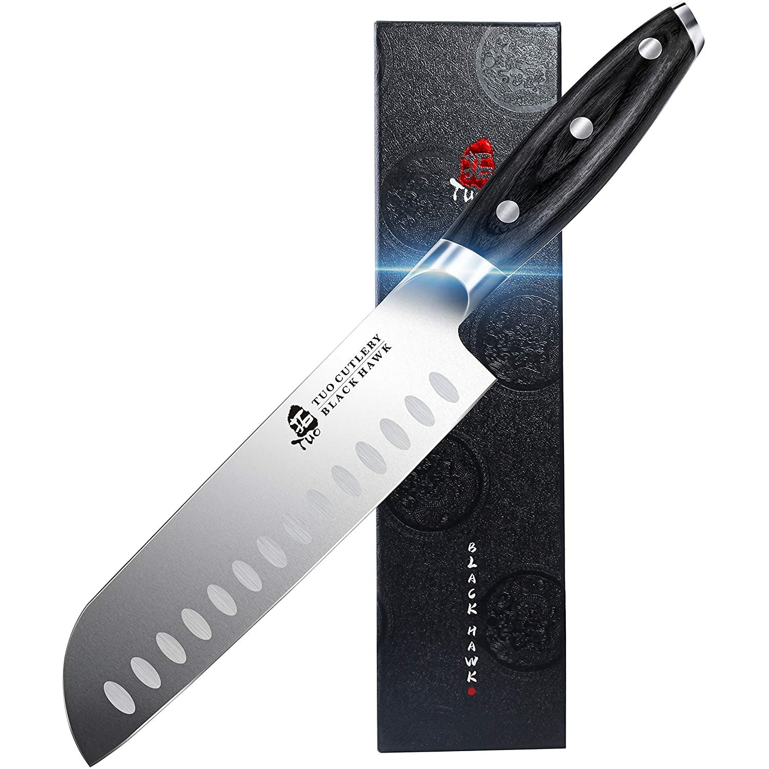 TUO Santoku Knife 5.5- Asian Chefs Knife Japanese Cleaver Black Titanium  Plated Blade Kitchen Small Knife