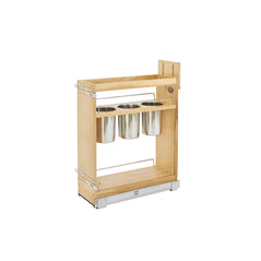 Rev-A-Shelf 8-inch base cabinet organizer with three utensil bins, ideal for kitchen storage and organization.