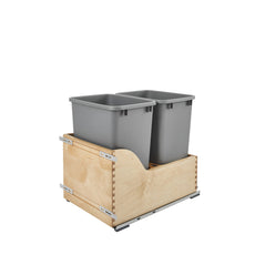 Rev-A-Shelf double 35-quart pull-out waste containers in a kitchen cabinet for easy waste management.