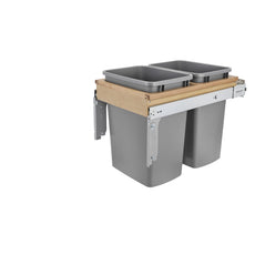 Rev-A-Shelf double 35 Qt top mount waste container with soft-close, designed for 1-1/2 inch face frames in kitchen cabinets.