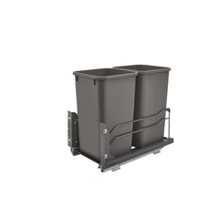 Rev-A-Shelf double 27 quart pull-out waste containers with soft-close mechanism in a kitchen cabinet setting.