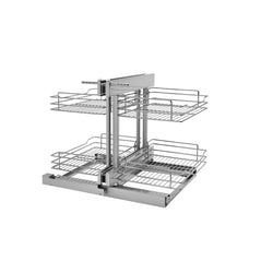 Rev-A-Shelf 18-inch chrome blind corner organizer with multiple shelves for kitchen storage and corner cabinet organization.