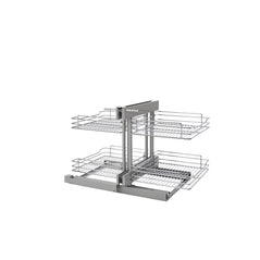 Rev-A-Shelf 18-inch chrome blind corner organizer with soft-close mechanism for efficient kitchen storage.