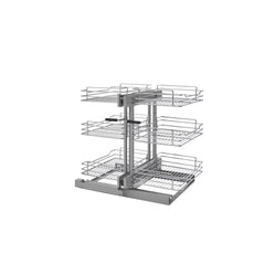 Rev-A-Shelf 15-inch three-tier blind corner organizer with soft-close drawers, designed for efficient kitchen storage.