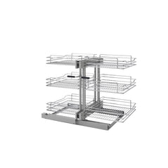 Rev-A-Shelf 18-inch three-tier blind corner organizer with soft-close doors, maximizing storage in kitchen corner cabinets.