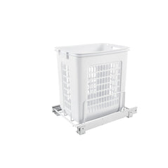 Rev-A-Shelf HPRV-1520 S pullout hamper with black metal frame and fabric liner for bathroom or laundry organization.