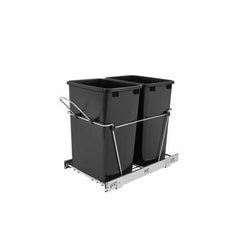 Rev-A-Shelf RV-18KD 35 Qt pull-out waste container with dual bins for kitchen waste management, mounted inside cabinetry.